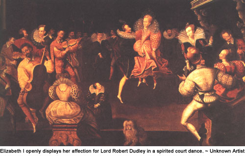 Elizabeth I openly displays her affection for Lord Robert Dudley in a spirited court dance.