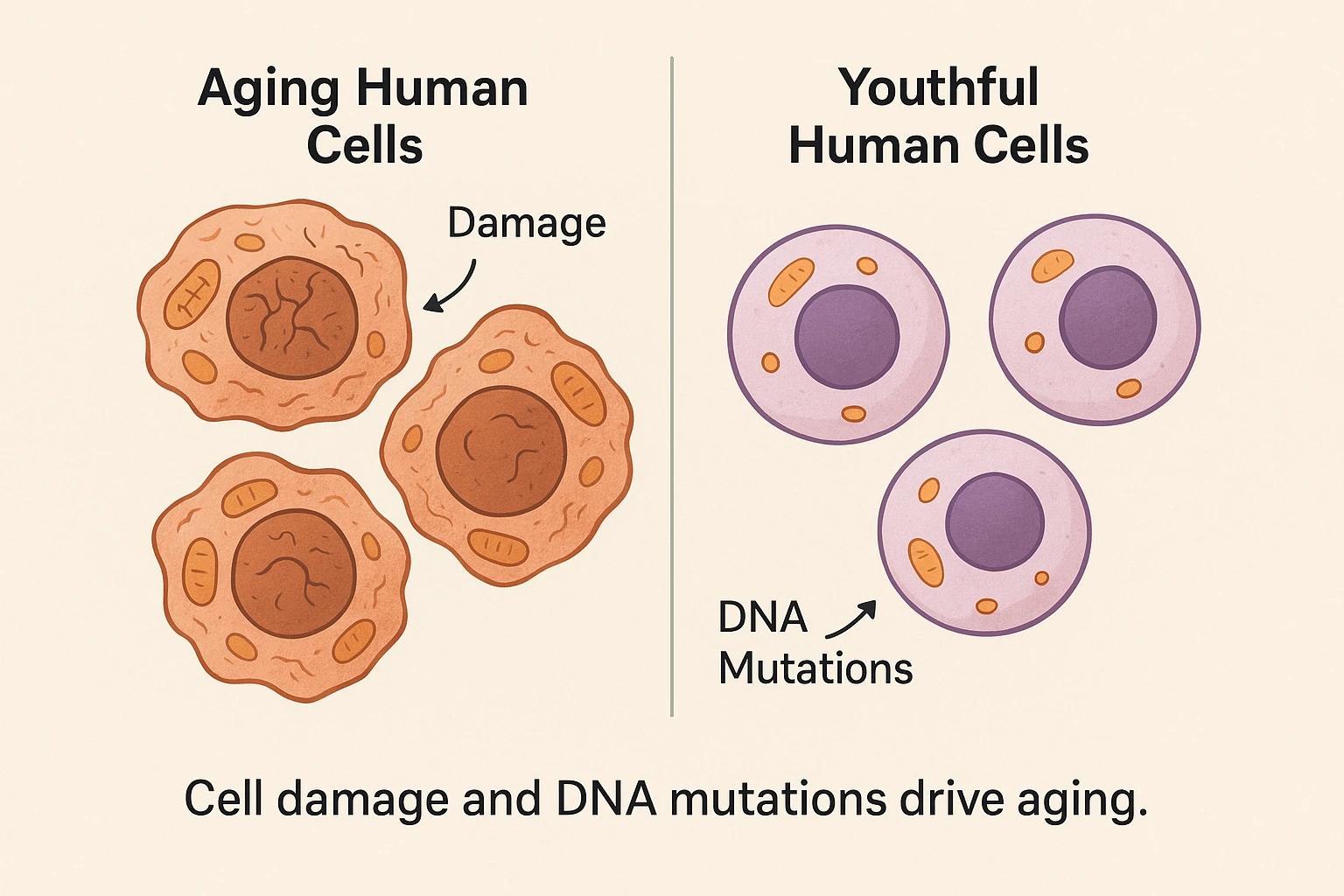 Diagram showing aging human cells vs youthful cells