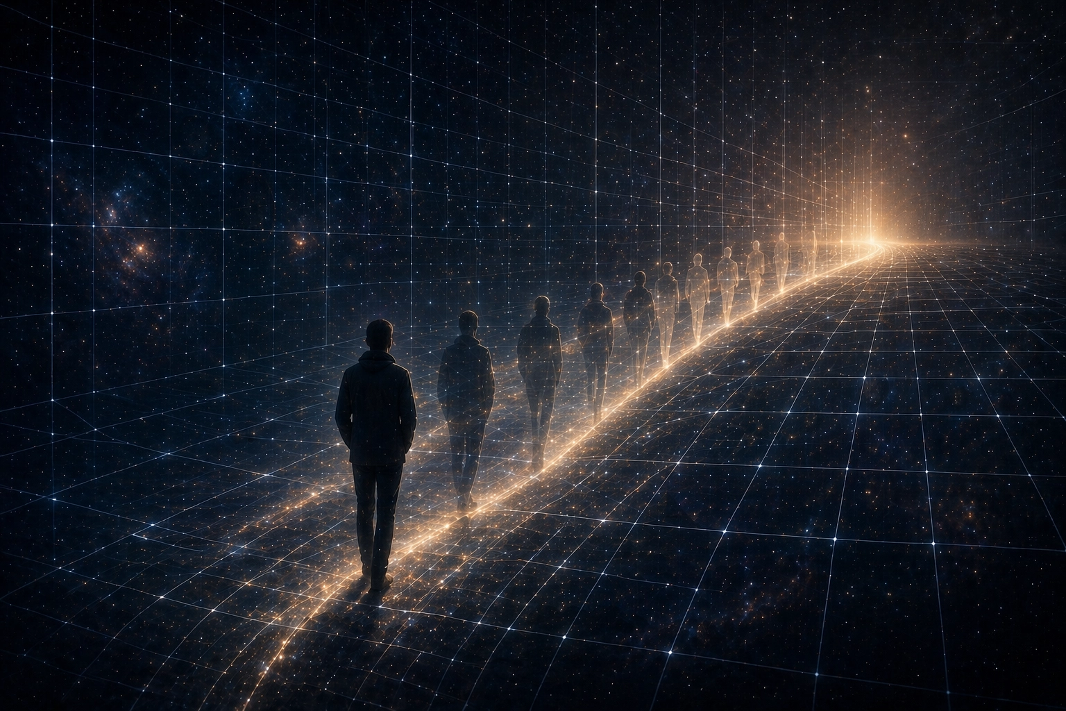 Conceptual visualization of consciousness moving through a fixed structure